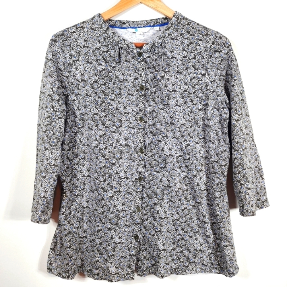 Boden Black Floral Jersey Button Up 3/4 Sleeve Top Size 12